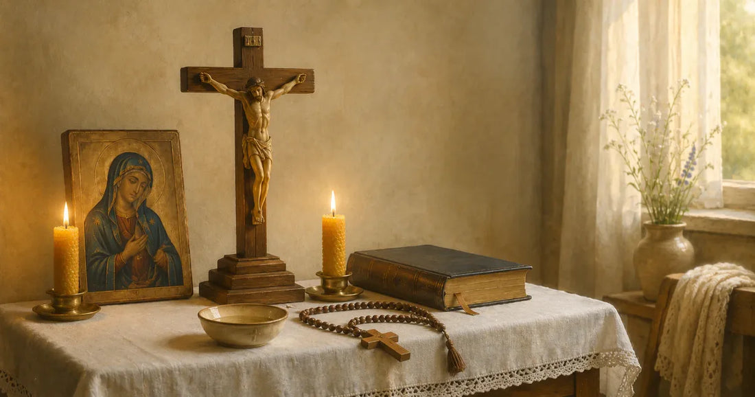 A traditional Catholic home altar on a linen-covered table with a wooden crucifix, lit candles, an icon of Our Lady, open Bible, and rosary — a family sacred space for daily prayer