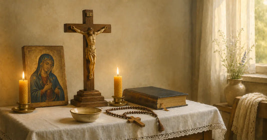 A traditional Catholic home altar on a linen-covered table with a wooden crucifix, lit candles, an icon of Our Lady, open Bible, and rosary — a family sacred space for daily prayer