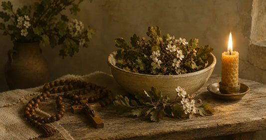 A rustic wooden bowl of white hawthorn blossoms with a lit beeswax candle and a rosary, symbolizing Catholic devotional preparation inspired by mystic writings
