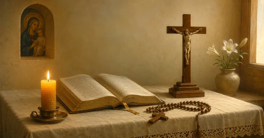 A small Catholic home altar with a lit beeswax candle, wooden crucifix, open Bible, rosary, and an icon of Our Lady — symbolic of a life of prayer and devotion