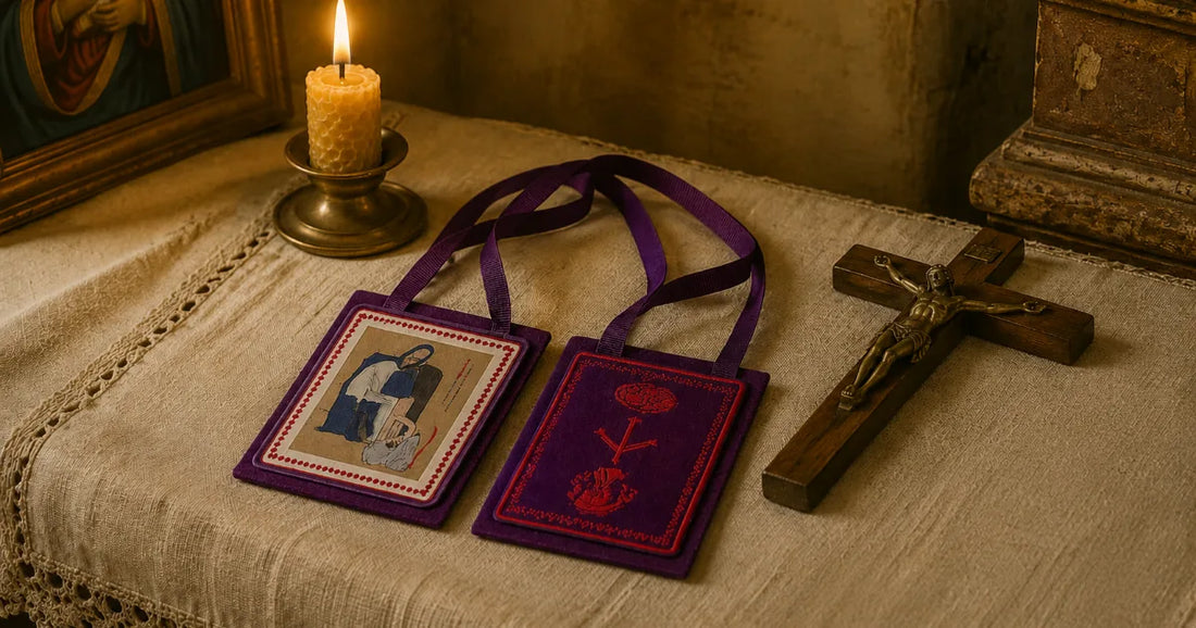 Two purple scapulars with a crucifix and lit candle on a linen cloth, representing Catholic sacramental devotion associated with end times preparation