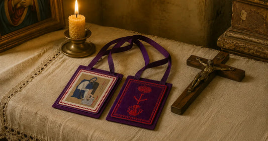 Two purple scapulars with a crucifix and lit candle on a linen cloth, representing Catholic sacramental devotion associated with end times preparation