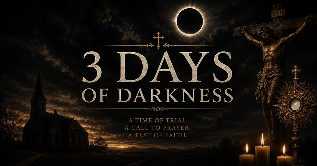 A dramatic dark image with a cross, eclipse, candles and the words 3 Days of Darkness — A Time of Trial, A Call to Prayer, A Test of Faith, illustrating Catholic prophetic tradition