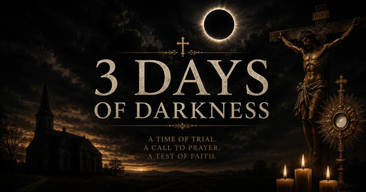A dramatic dark image with a cross, eclipse, candles and the words 3 Days of Darkness — A Time of Trial, A Call to Prayer, A Test of Faith, illustrating Catholic prophetic tradition