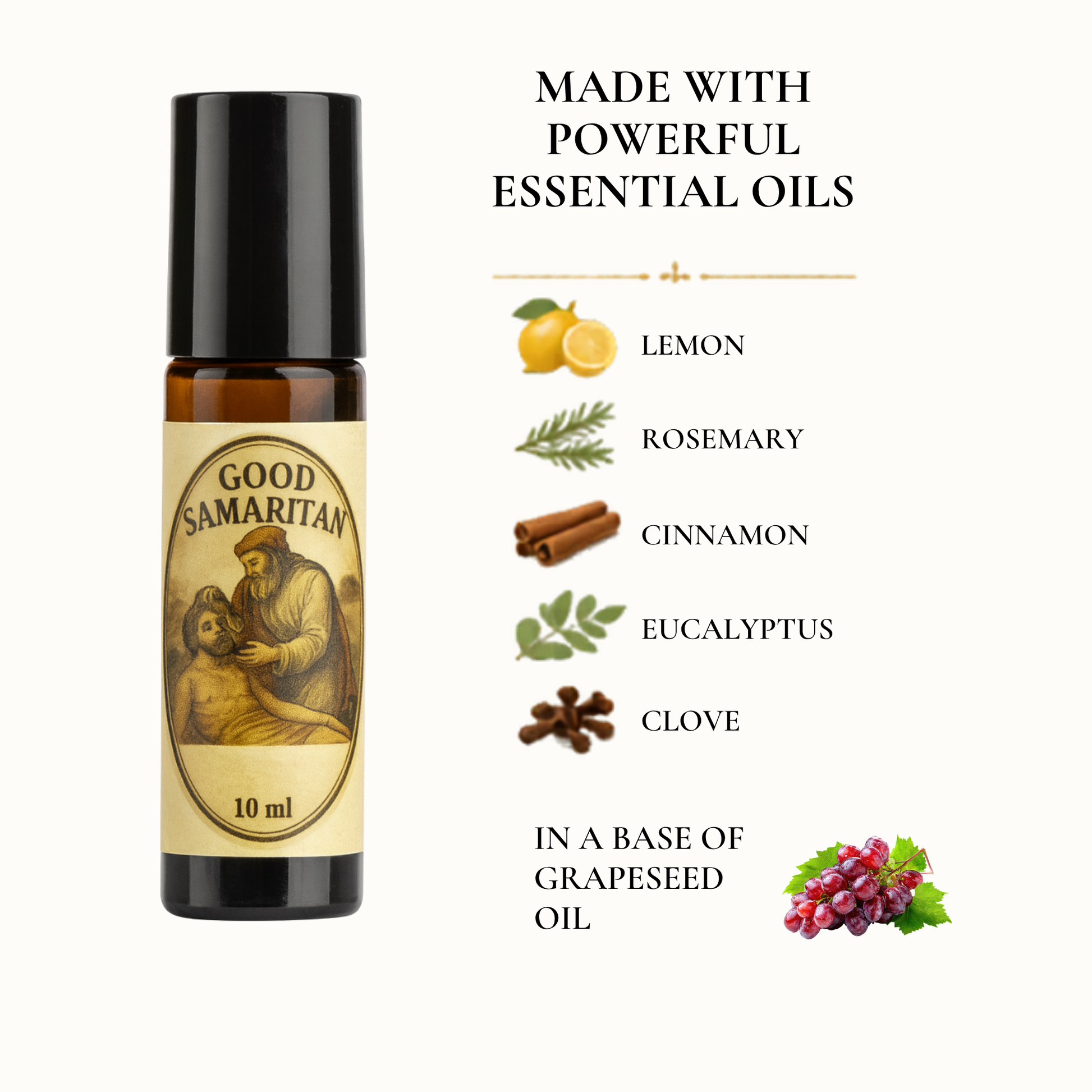 Good Samaritan Oil label detail – sacred oil inspired by Catholic mystic tradition