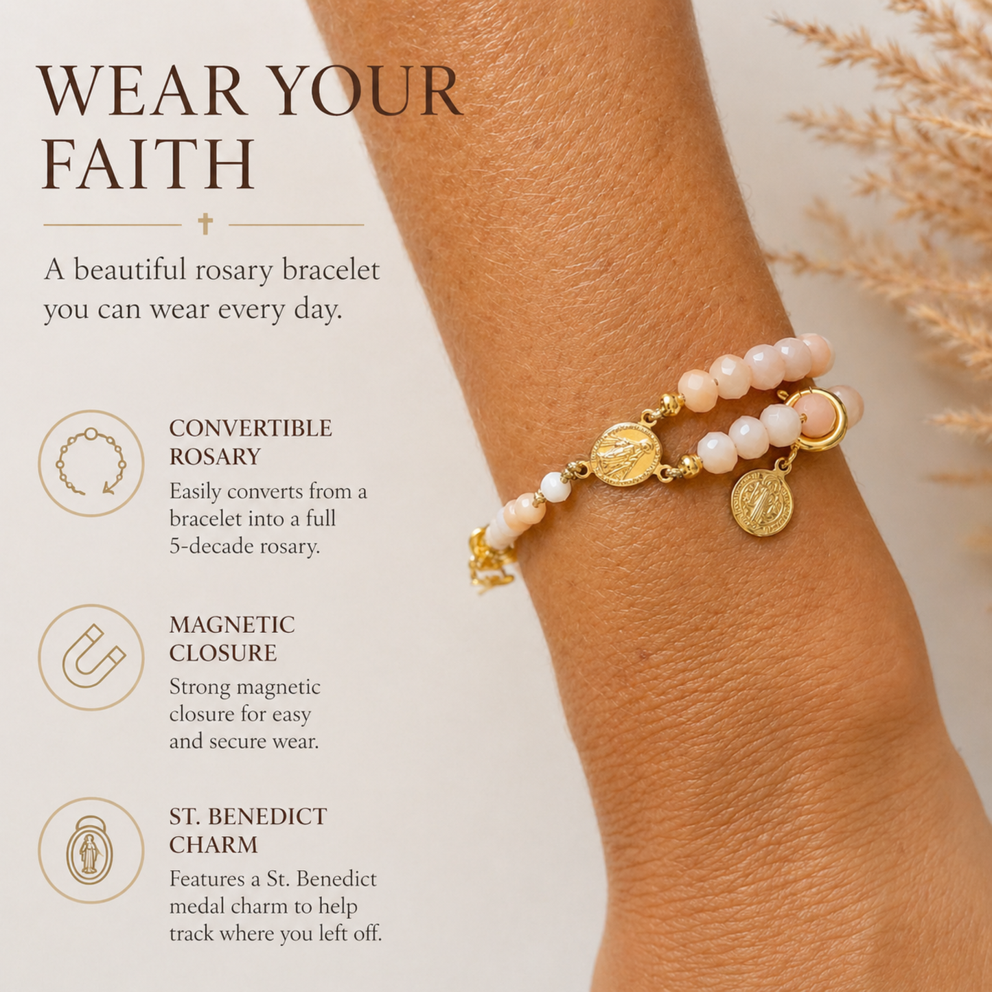 Magnetic Rosary Bracelet – Converts into a Full Rosary | Handmade, Gold Plated with Faceted Stones