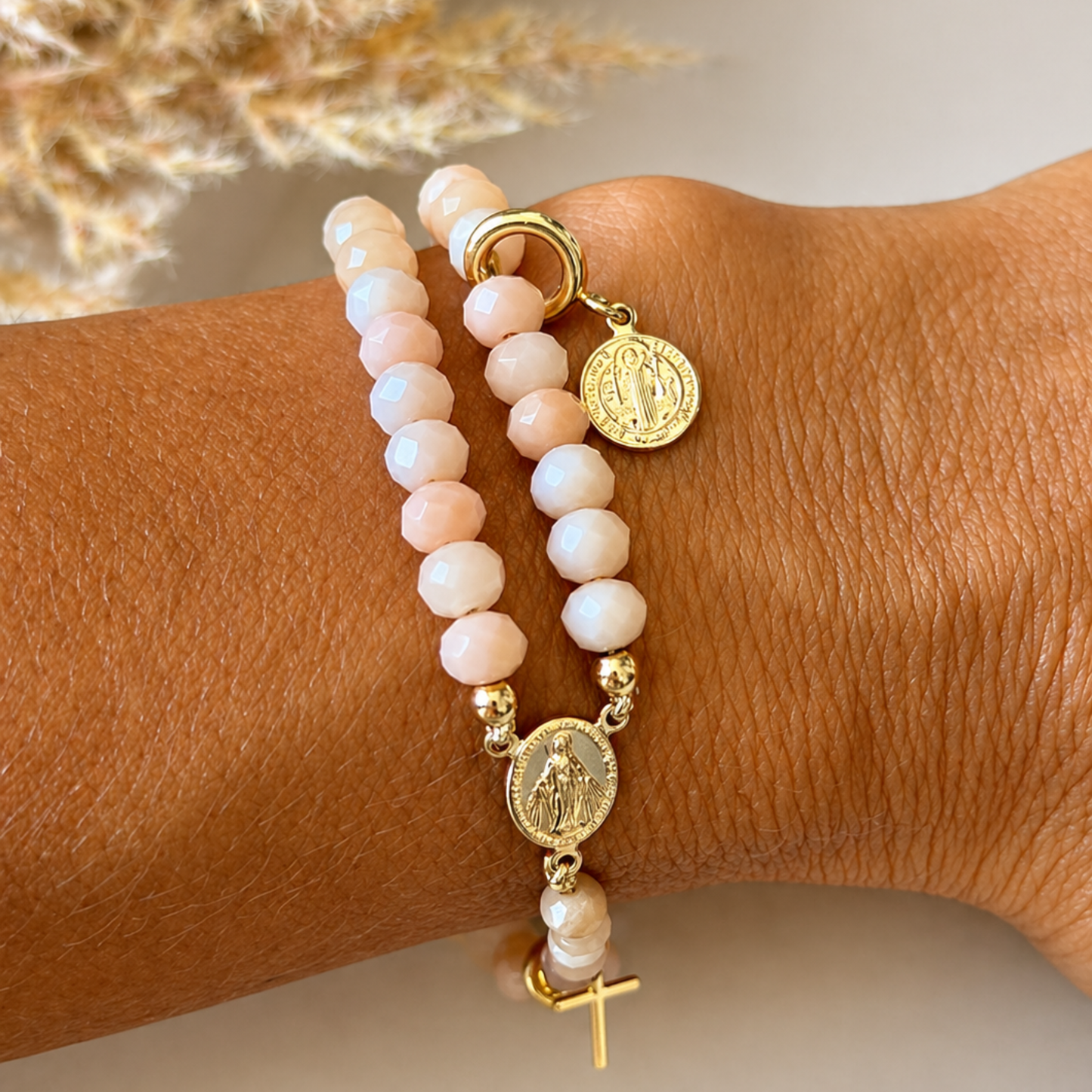 Magnetic rosary bracelet converts to full rosary – gold plated with faceted stones